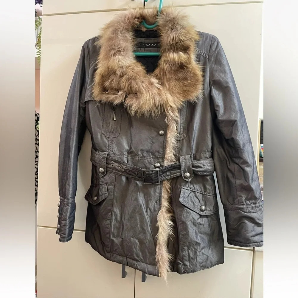 Womens Warm Jackets/ coat Fox Trim - Laundry by Shelli Segal, size M olive/gray